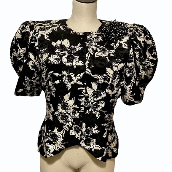 VINTAGE ADRIANNA PAPELL PUFF sleeve Floral 100% Silk  Button Jacket Blouse. - Picture 11 of 11